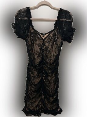 iris Black Lace Ruched Puff Sleeve Dress